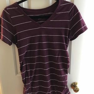 Maroon and white striped maternity tee